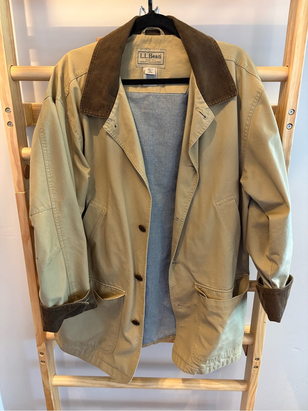 L.L. Bean Khaki Canvas Field Coat with Brown Corduroy Collar